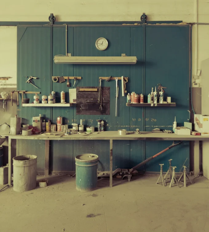Il banco di un'officina, con gli attrezzi in ordine su una parete azzurra